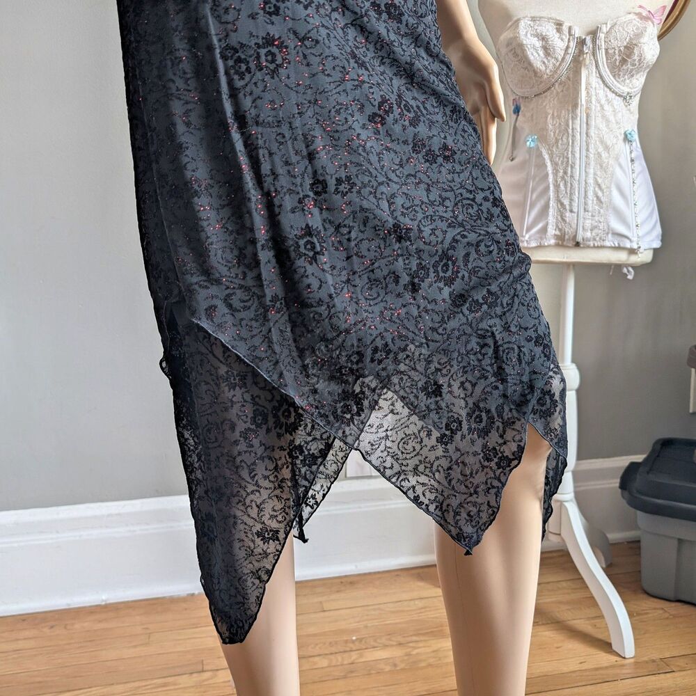 Vintage 90s Byer Too Black Midi Dress Cocktail Floral Glitter Whimsygoth Size M - Picture 7 of 16